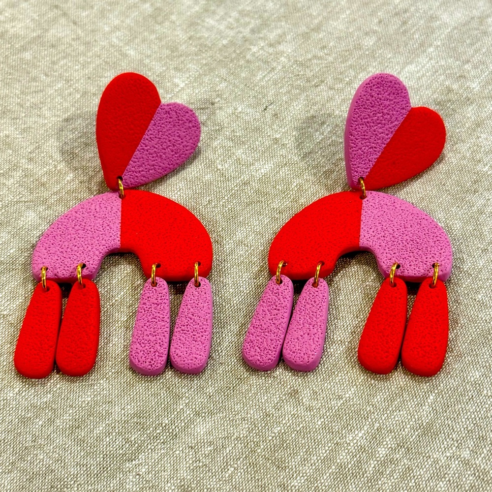 Red and Pink Heart Dangle Polymer Clay Earrings